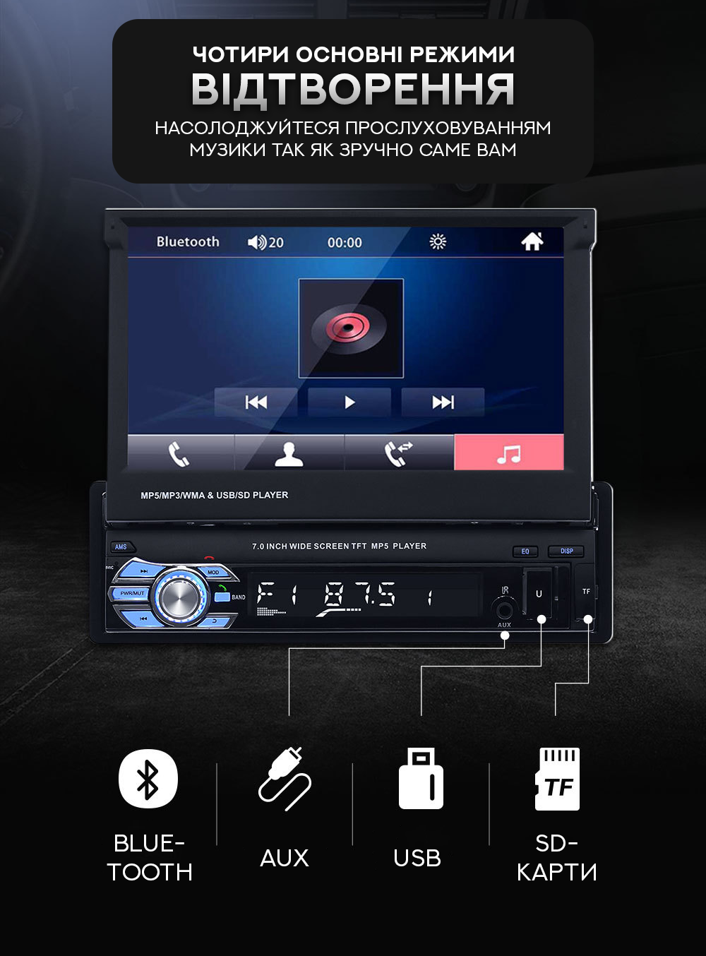 Автомагнітола 1 DIN SWM 9601C 7" MP5 Android з висувним екраном Автомагнітола 1 DIN SWM 9601C 7" MP5 Android з висувним екраном
